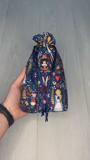 Alice's Adventures in Wonderland Tarot Bag, Wonderland Tarot Deck Bag, Cat White Rabbit Tarot, Navy Blue Tarot Bag