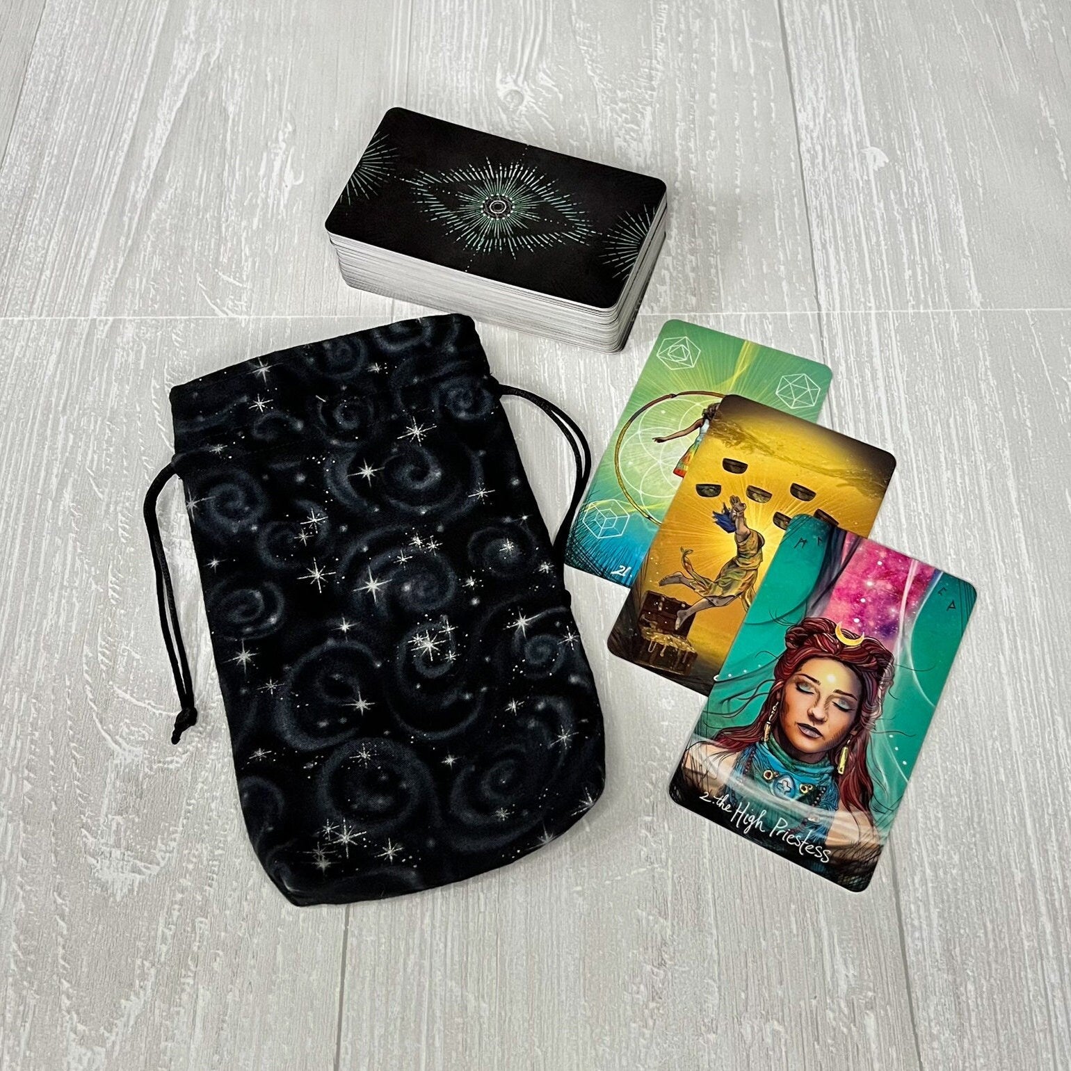 Black Celestial Tarot Bag, Drawstring Pouch, Standard Tarot Deck Storage, Divination Tools & Supplies, Pagan Witchcraft Tarot Reader Gifts