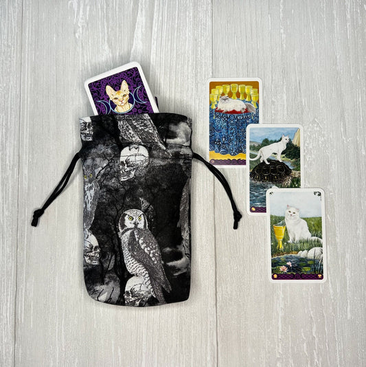 Owl Mini Tarot Deck Bag, Drawstring Pouch, Pocket Tarot, Dice Rune Bag, Witchcraft Wiccan Pagan Supplies Gifts, Halloween Divination Tools