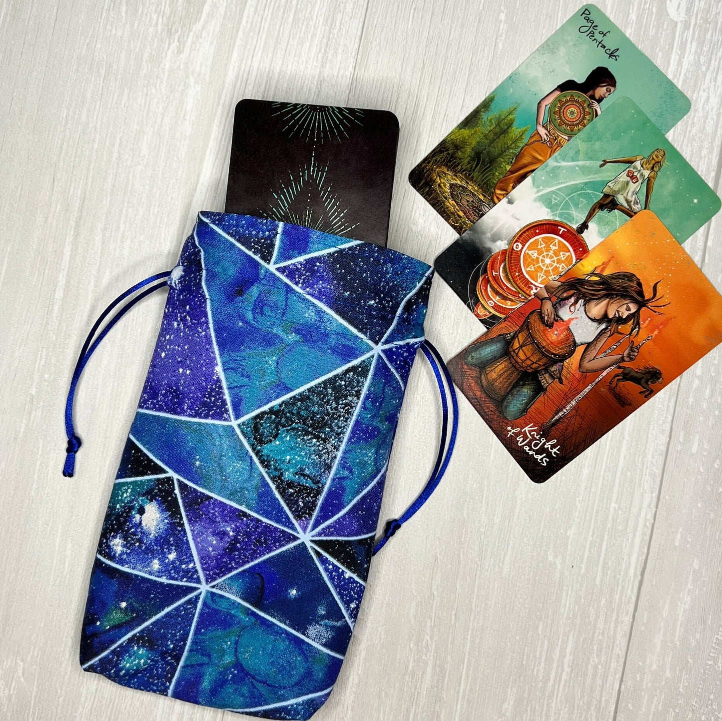 Blue Geometric Tarot Bag, Drawstring Pouch, Tarot Deck Storage Holder, Standard Tarot, Pagan Witchcraft Divination Tools Gifts & Supplies