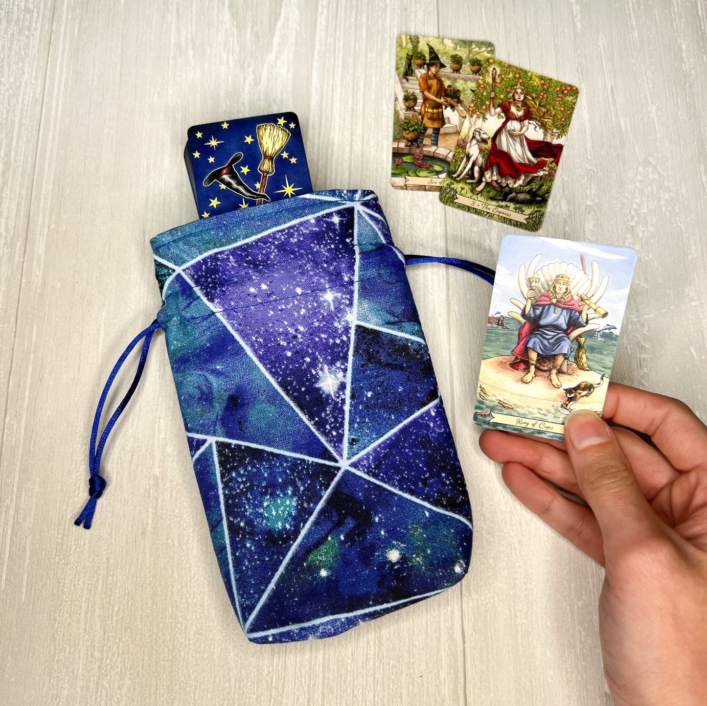 Blue Geometric Mini Tarot Deck Bag, Drawstring Pouch, Pocket Tarot, Dice Rune Bag, Witchcraft Wiccan Pagan Supplies Gifts, Divination Tools