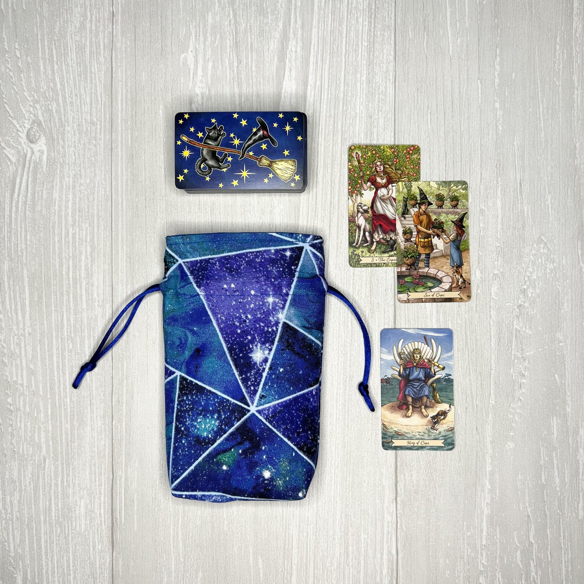 Blue Geometric Mini Tarot Deck Bag, Drawstring Pouch, Pocket Tarot, Dice Rune Bag, Witchcraft Wiccan Pagan Supplies Gifts, Divination Tools