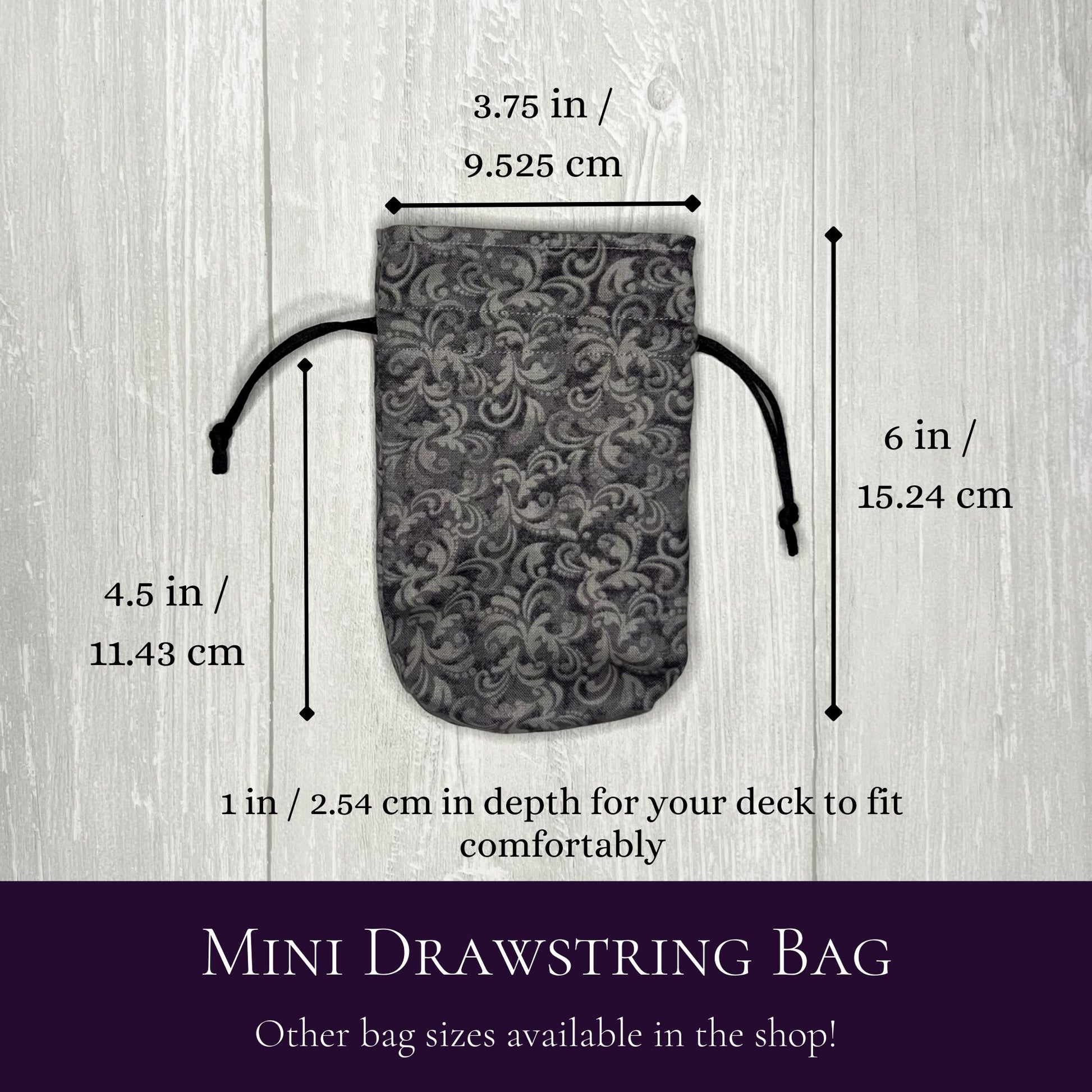 Mini Sized Gray Floral Scrolls Drawstring Bag