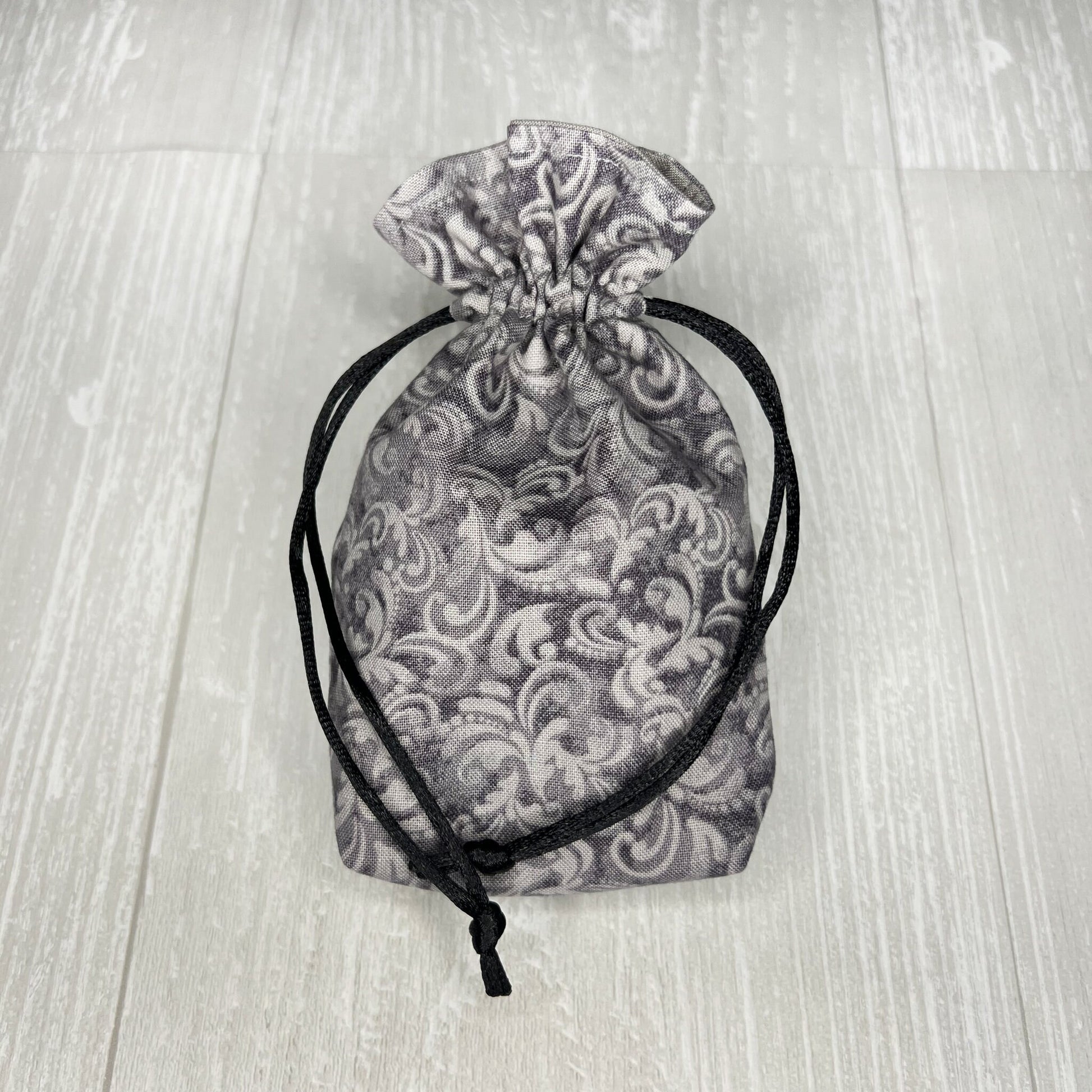 Mini Sized Gray Floral Scrolls Drawstring Bag