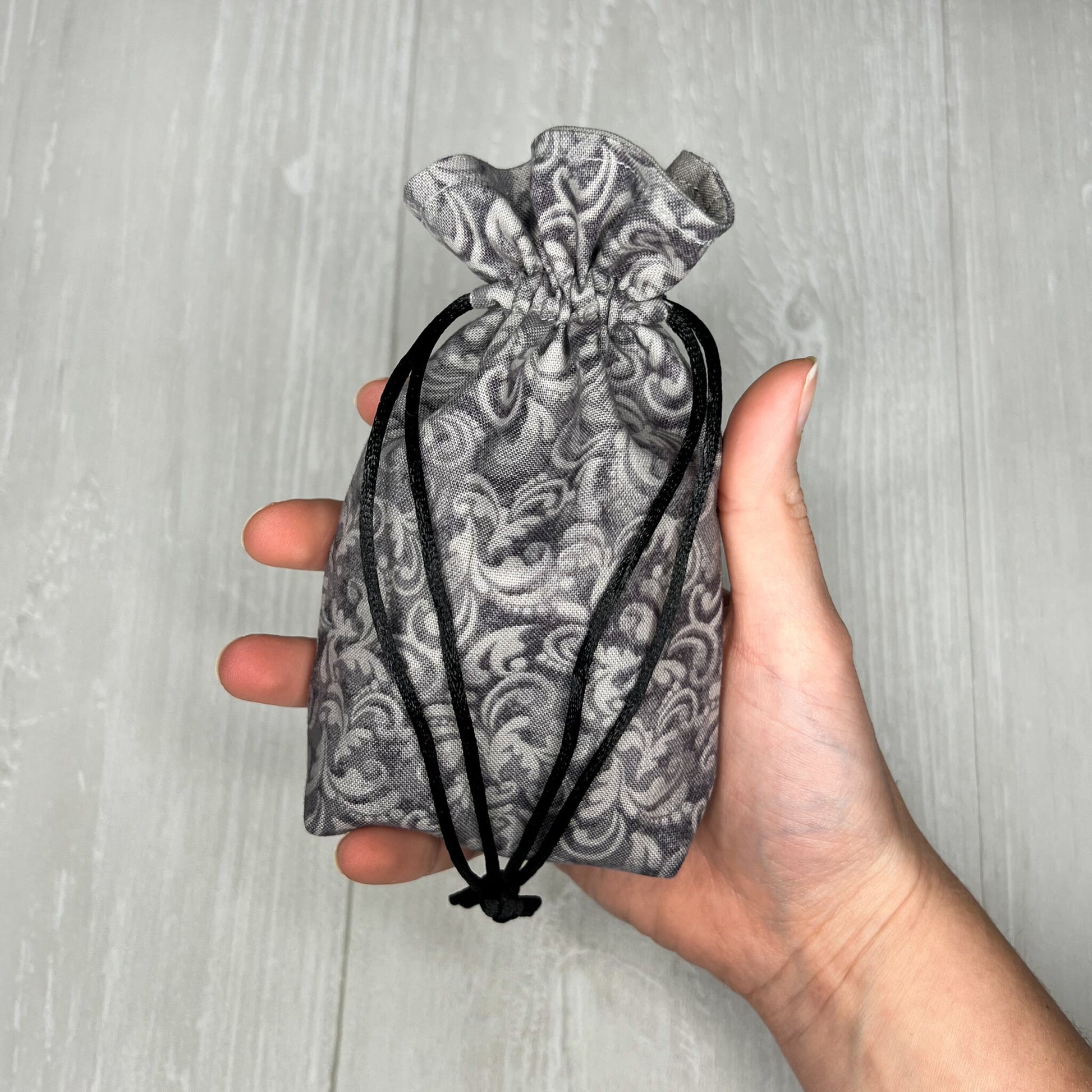 Mini Sized Gray Floral Scrolls Drawstring Bag