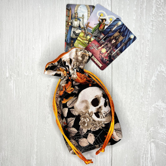 Mini Orange Skulls Tarot Deck Bag, Pocket Tarot Drawstring Pouch, Dice Rune Crystal Bag, Witchcraft Pagan Supplies Gifts, Divination Tools