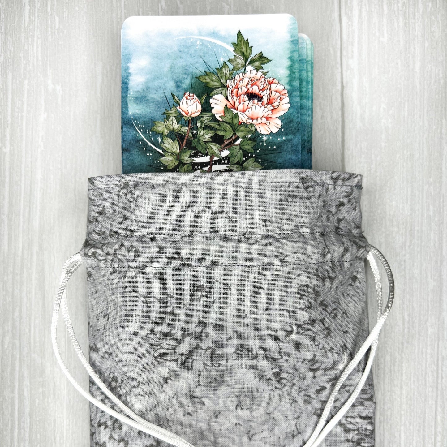 Standard Sized Gray Floral Drawstring Bag