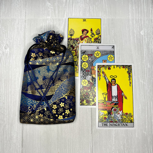 Large Blue & Gold Tarot Deck Bag, Blue Oracle Card Drawstring Pouch, Deck Storage Holder, Pagan Witchcraft Divination Tools and Supplies