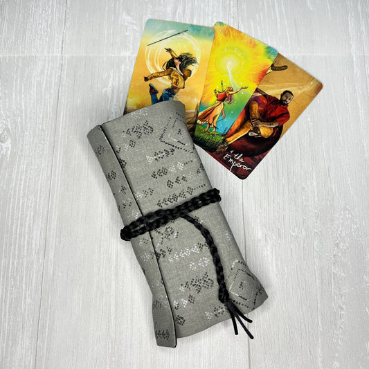 Gray Aztec Tarot Wrap Pouch, Tarot Fold Over Pouch, Tarot Supplies & Accessories, Tarot Card Holder, Divination Tools, Tarot Reader Gift